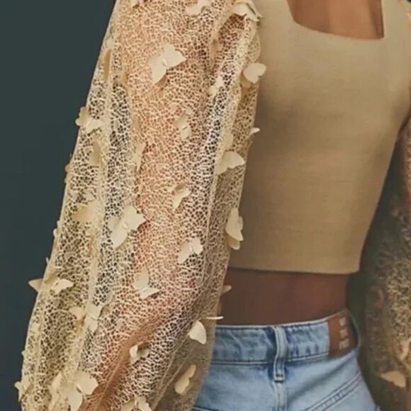 Intimately By Free People Tan Knit Top With Adorable Butterfly Sleeves.  SZ M - Picture 2 of 4